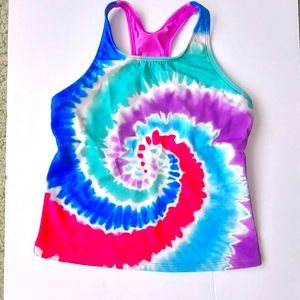 Land End girls swim top, size 14, rainbow swirl design and brilliant colors